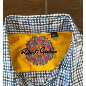 Robert Graham Mens Large Blue Plaid Paisley Jacquard Button Down Shirt L/S L